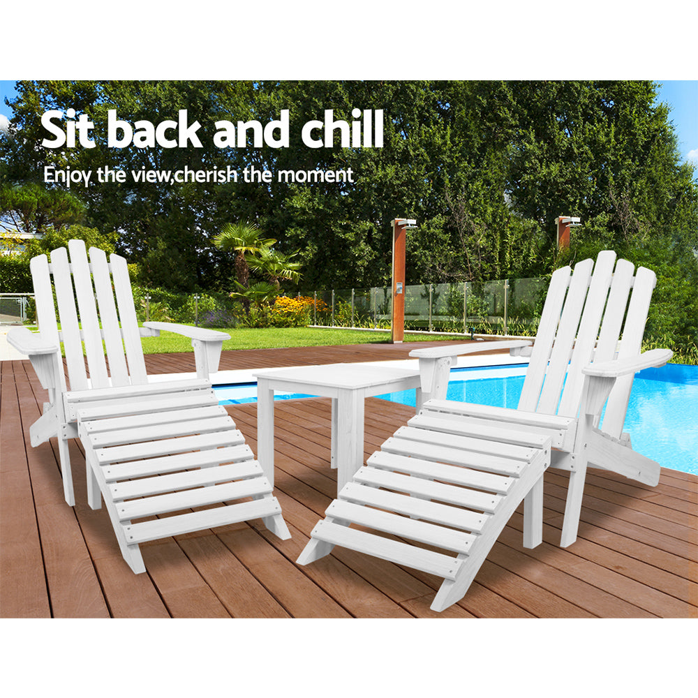 Marlook 5PC Adirondack Outdoor Table and Chairs Wooden Sun Lounge Patio Furniture White