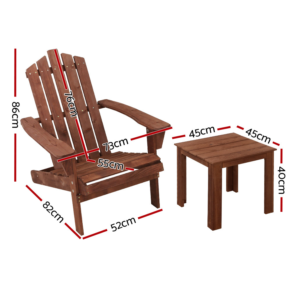 Marlook 3PC Adirondack Outdoor Table and Chairs Wooden Beach Chair Brown