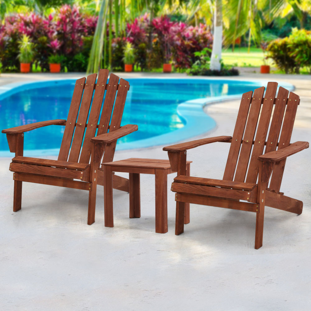 Marlook 3PC Adirondack Outdoor Table and Chairs Wooden Beach Chair Brown