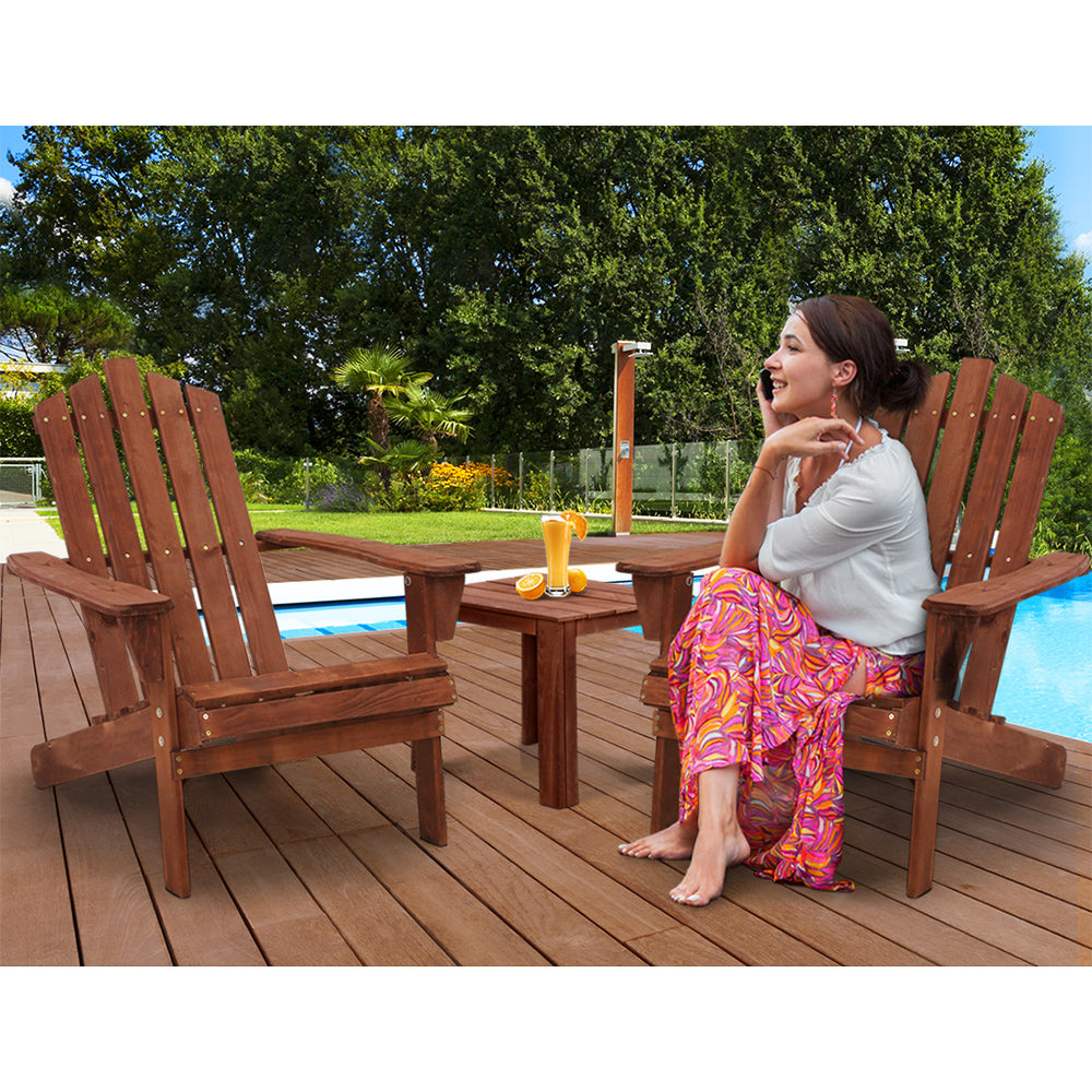 Marlook 3PC Adirondack Outdoor Table and Chairs Wooden Beach Chair Brown