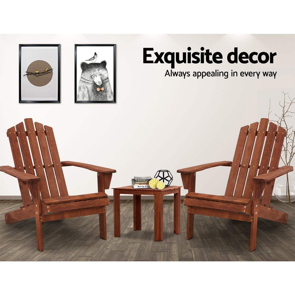 Marlook 3PC Adirondack Outdoor Table and Chairs Wooden Beach Chair Brown