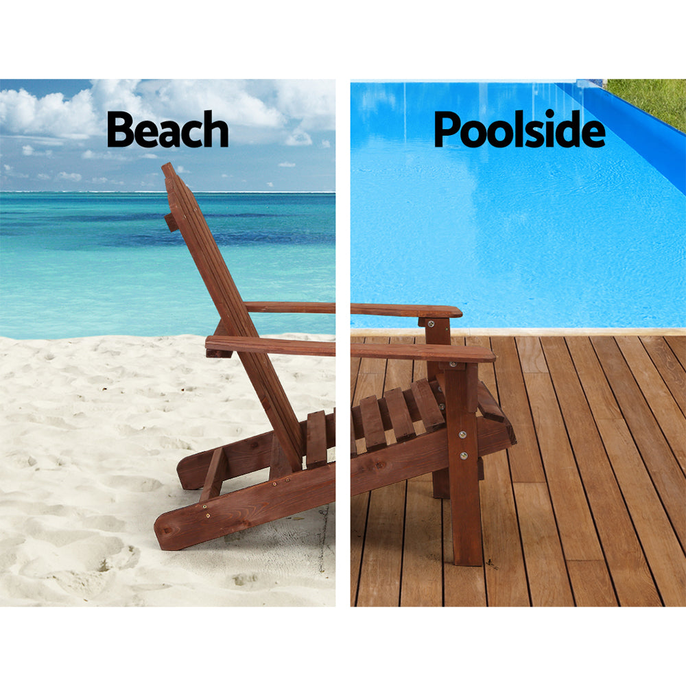 Marlook 3PC Adirondack Outdoor Table and Chairs Wooden Beach Chair Brown