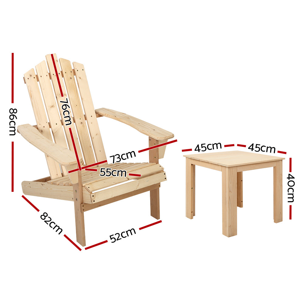 Marlook 3PC Adirondack Outdoor Table and Chairs Wooden Beach Chair Natural