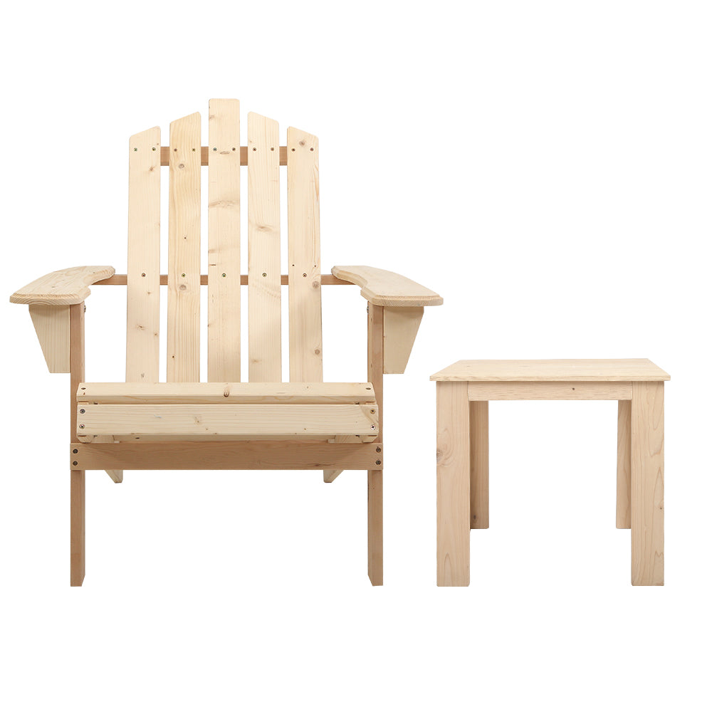 Marlook 3PC Adirondack Outdoor Table and Chairs Wooden Beach Chair Natural