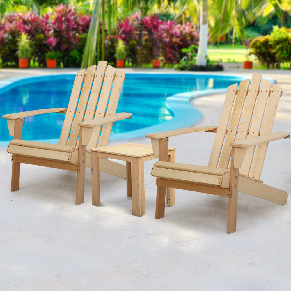 Marlook 3PC Adirondack Outdoor Table and Chairs Wooden Beach Chair Natural