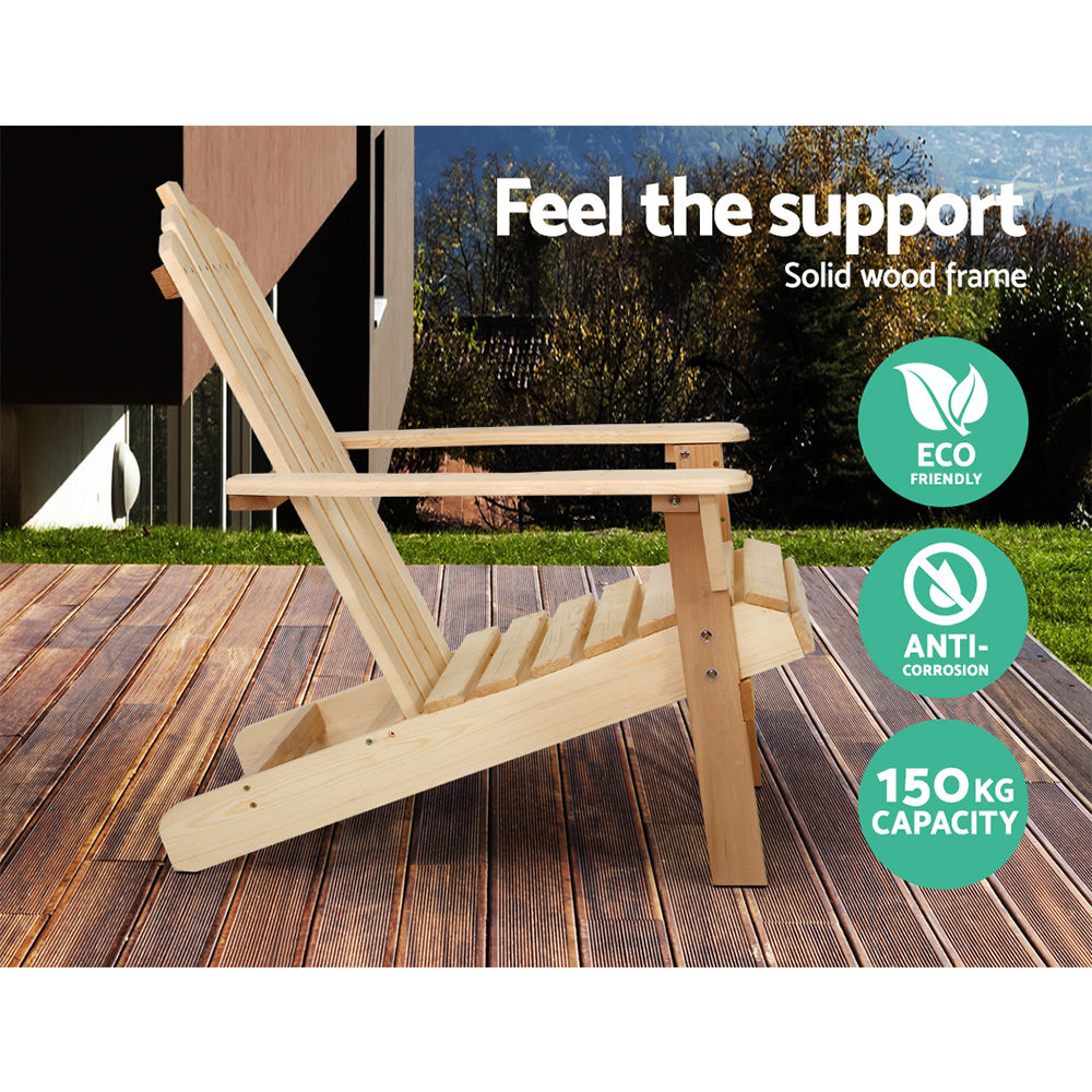 Marlook 3PC Adirondack Outdoor Table and Chairs Wooden Beach Chair Natural