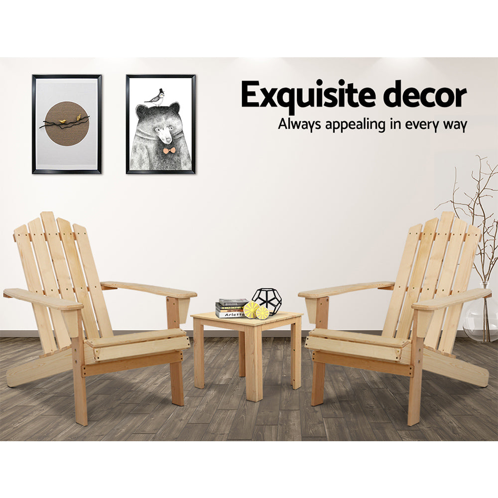 Marlook 3PC Adirondack Outdoor Table and Chairs Wooden Beach Chair Natural