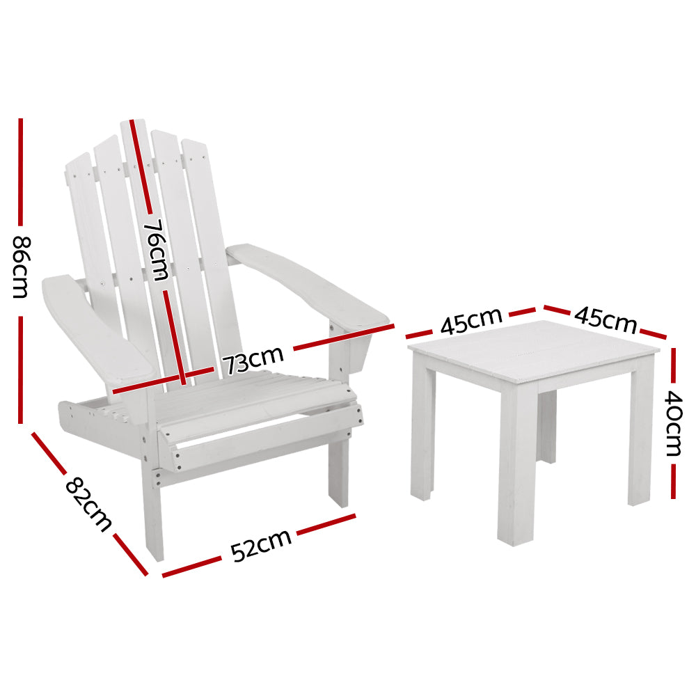 Marlook 3PC Adirondack Outdoor Table and Chairs Wooden Beach Chair White