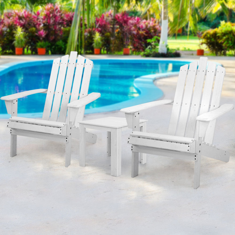 Marlook 3PC Adirondack Outdoor Table and Chairs Wooden Beach Chair White