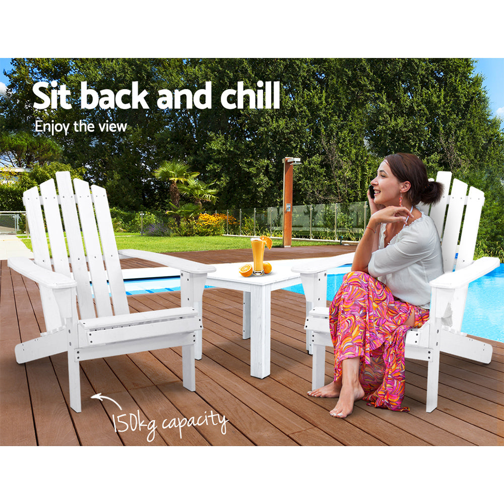 Marlook 3PC Adirondack Outdoor Table and Chairs Wooden Beach Chair White