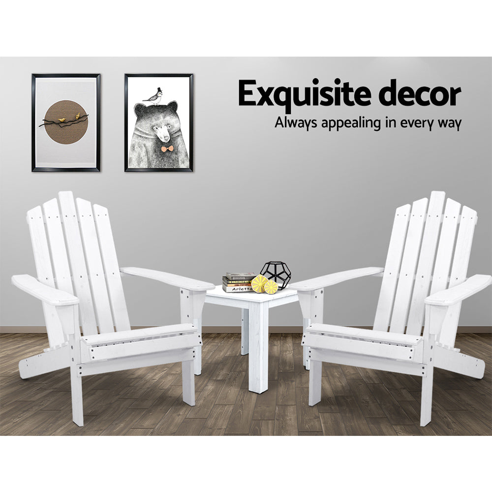 Marlook 3PC Adirondack Outdoor Table and Chairs Wooden Beach Chair White