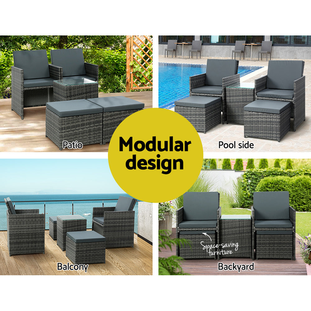 Marlook 5PC Bistro Set Wicker Table and Chairs Ottoman Outdoor Furniture Grey
