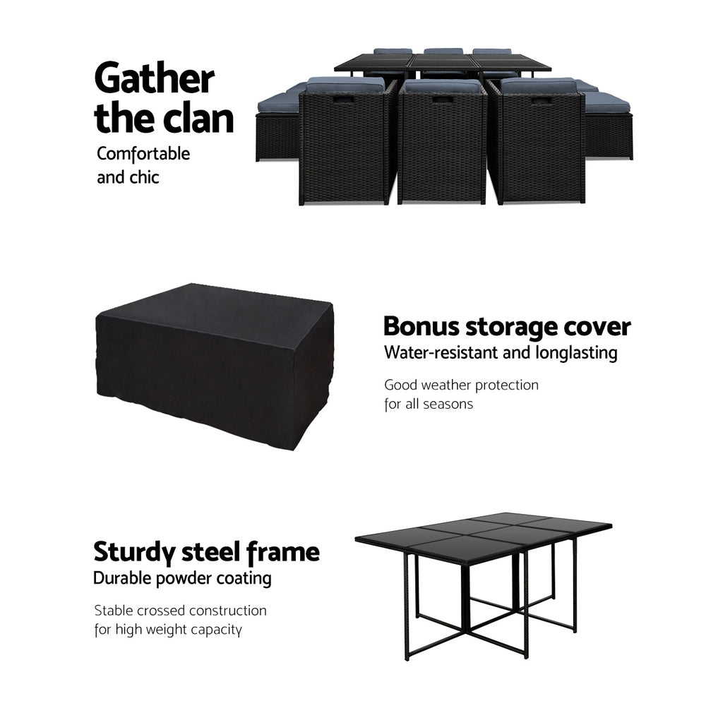 Marlook Outdoor Dining Set 11 Piece Wicker Table Chairs Setting Black