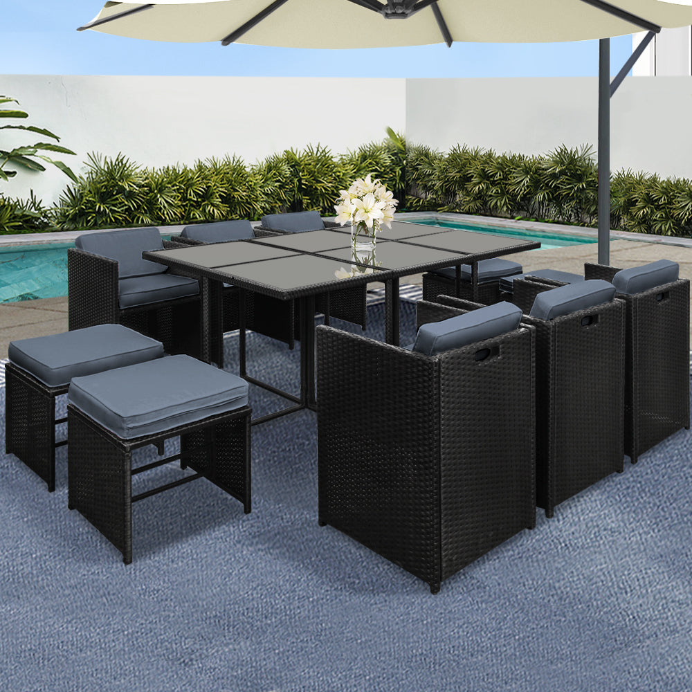 Marlook Outdoor Dining Set 11 Piece Wicker Table Chairs Setting Black