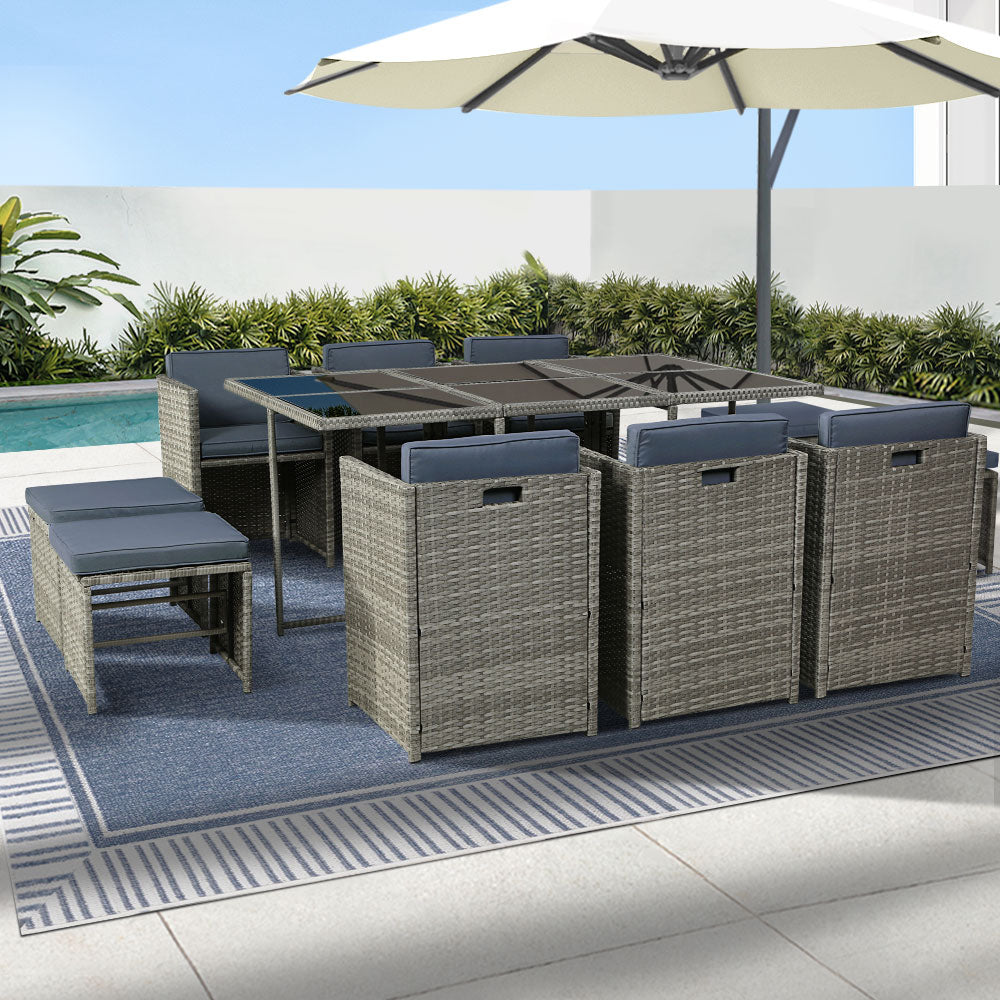 Marlook Outdoor Dining Set 11 Piece Wicker Table Chairs Setting Grey