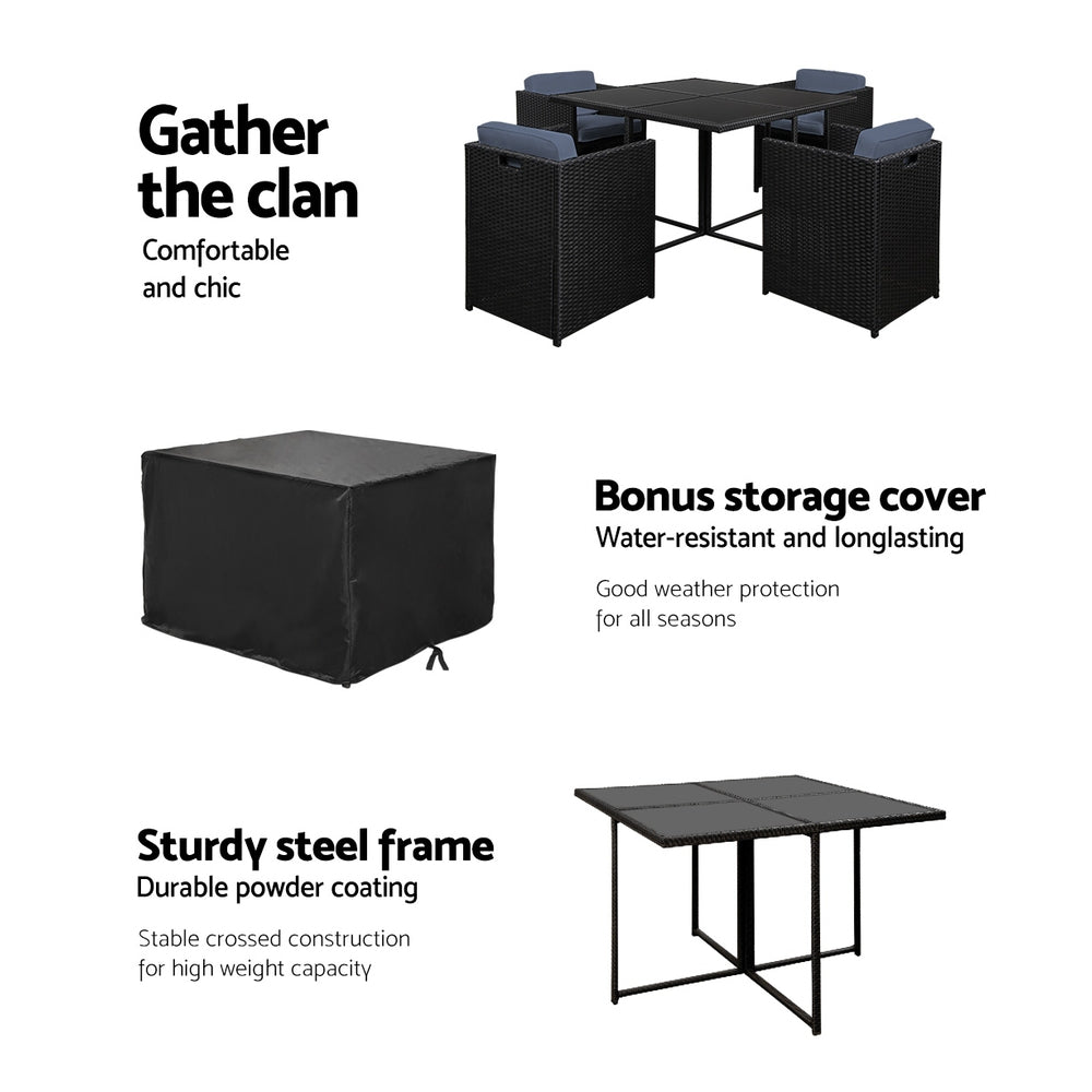 Marlook Outdoor Dining Set 5 Piece Wicker Table Chairs Setting Black