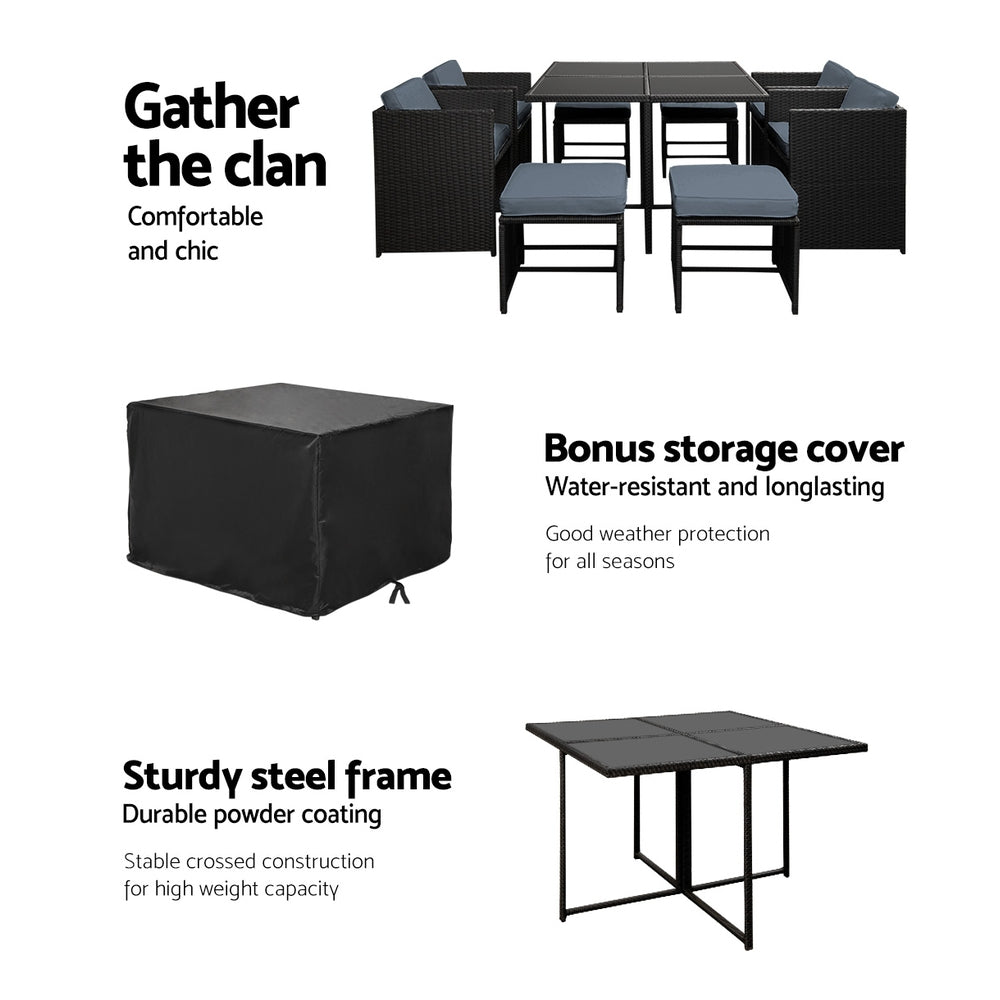 Marlook Outdoor Dining Set 9 Piece Wicker Table Chairs Setting Black