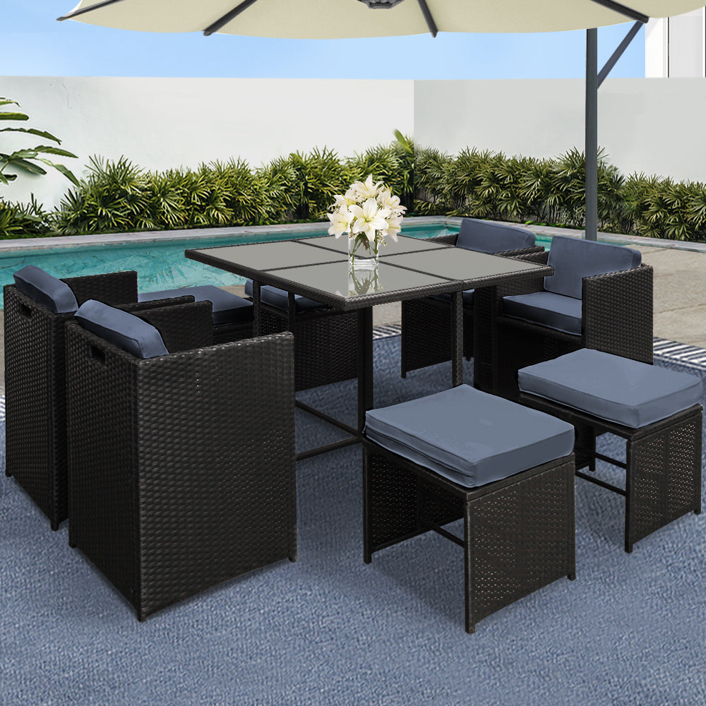 Marlook Outdoor Dining Set 9 Piece Wicker Table Chairs Setting Black
