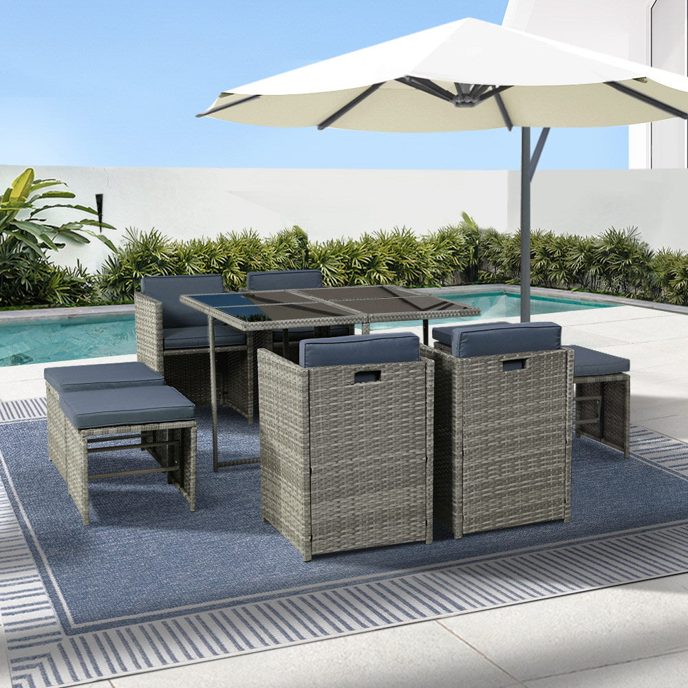 Marlook Outdoor Dining Set 9 Piece Wicker Table Chairs Setting Grey