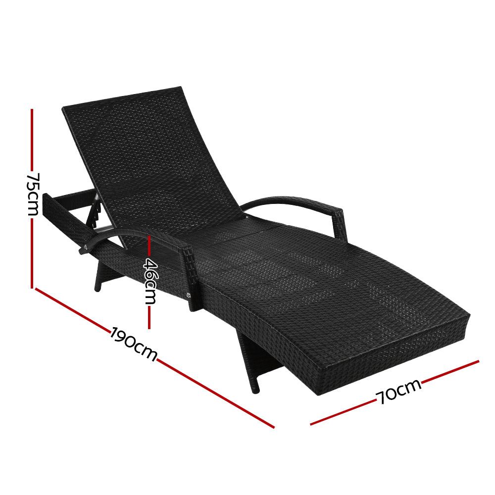 Marlook 2PC Sun Lounge Wicker Lounger Outdoor Furniture Beach Chair Patio Adjustable Cushion Black