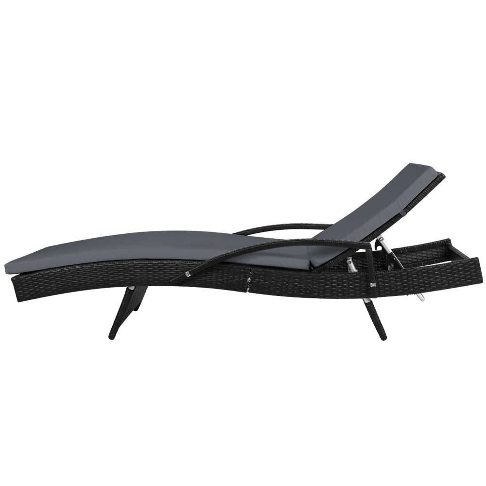 Marlook 2PC Sun Lounge Wicker Lounger Outdoor Furniture Beach Chair Patio Adjustable Cushion Black