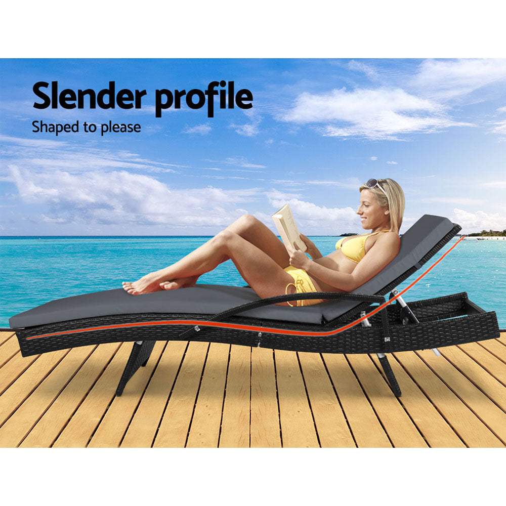Marlook 2PC Sun Lounge Wicker Lounger Outdoor Furniture Beach Chair Patio Adjustable Cushion Black