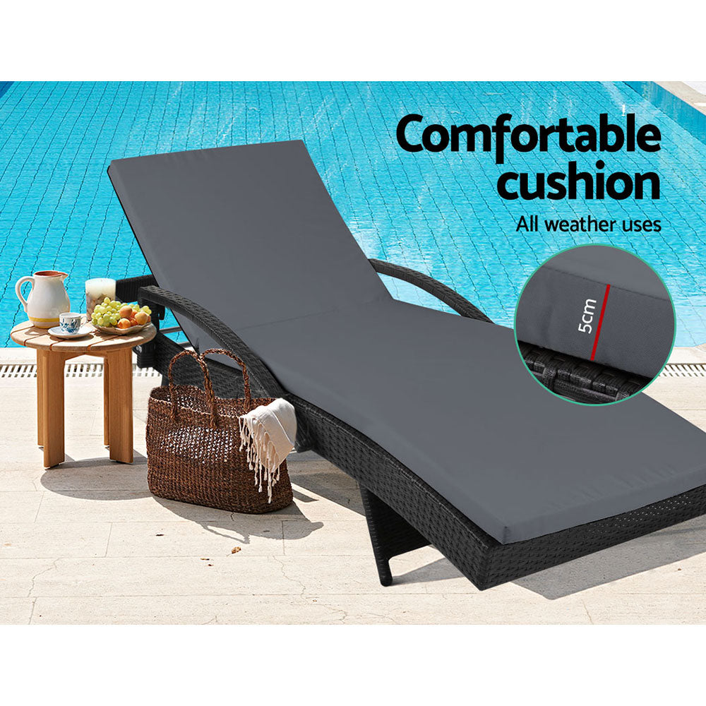 Marlook 2PC Sun Lounge Wicker Lounger Outdoor Furniture Beach Chair Patio Adjustable Cushion Black