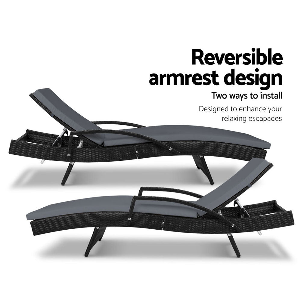 Marlook 2PC Sun Lounge Wicker Lounger Outdoor Furniture Beach Chair Patio Adjustable Cushion Black