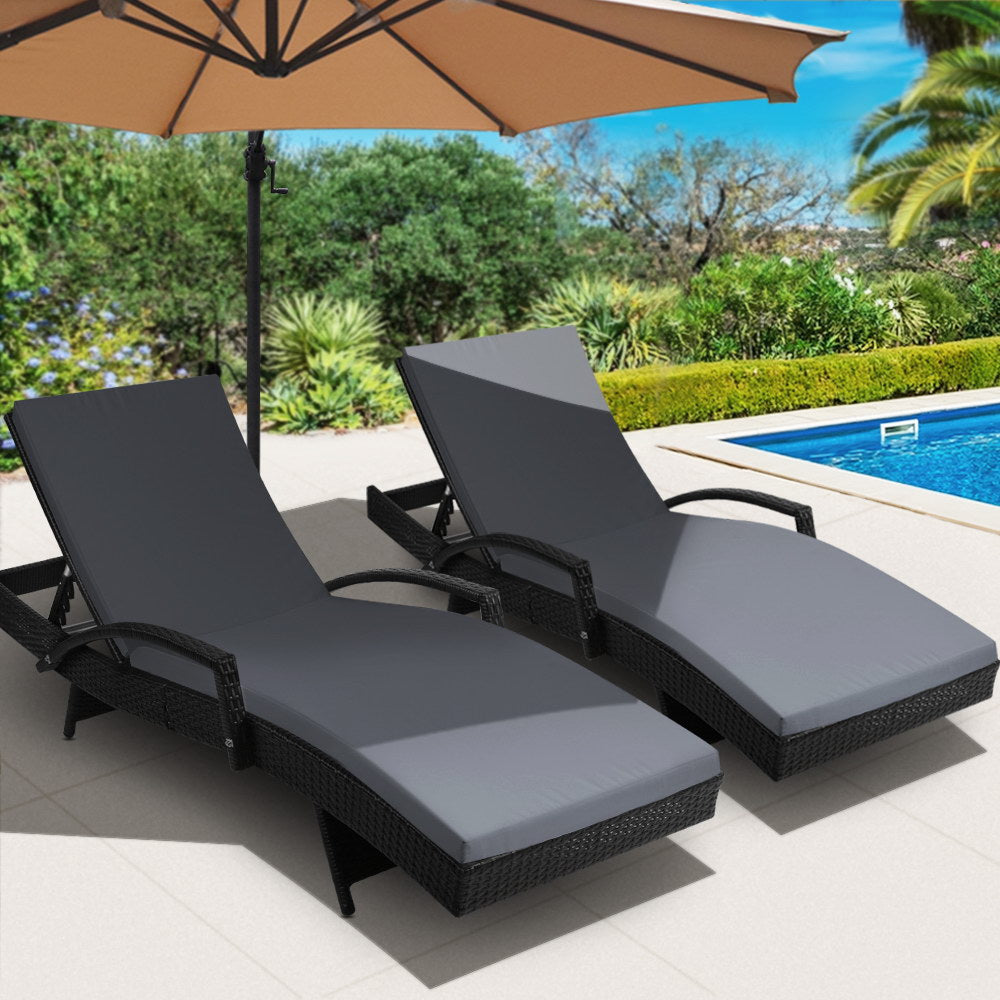 Marlook 2PC Sun Lounge Wicker Lounger Outdoor Furniture Beach Chair Patio Adjustable Cushion Black