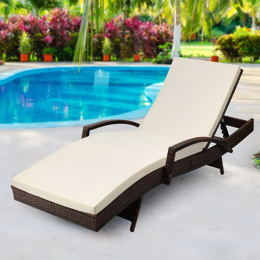 Marlook Sun Lounge Wicker Lounger Outdoor Furniture Beach Chair Patio Adjustable Cushion Brown