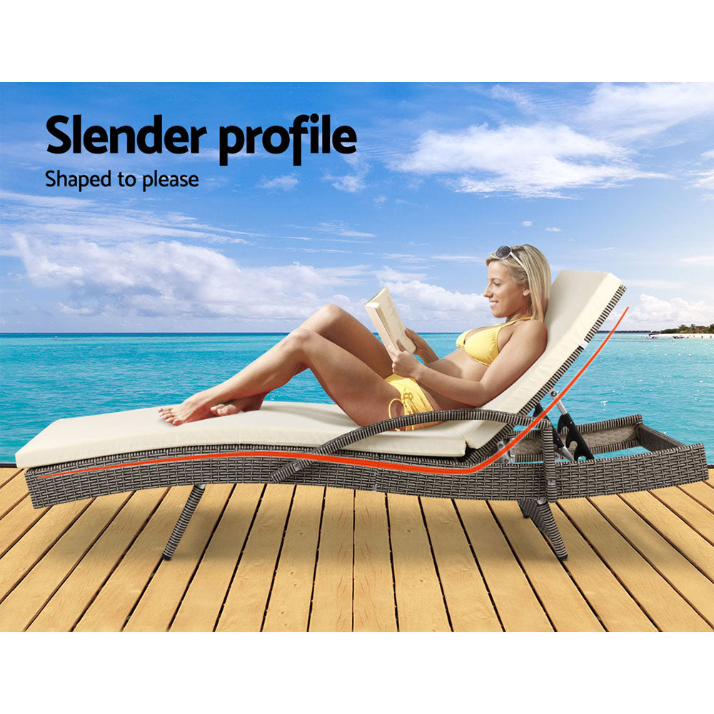 Marlook 2PC Sun Lounge Wicker Lounger Outdoor Furniture Beach Chair Adjustable Cushion Grey&Beige