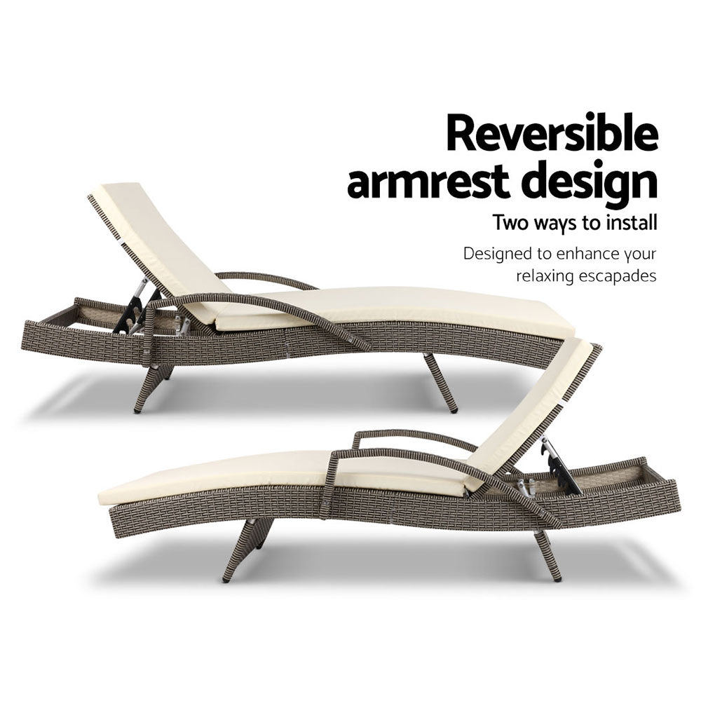 Marlook 2PC Sun Lounge Wicker Lounger Outdoor Furniture Beach Chair Adjustable Cushion Grey&Beige