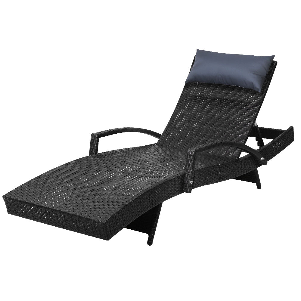 Marlook Sun Lounge Wicker Lounger Outdoor Furniture Beach Chair Armrest Adjustable Black