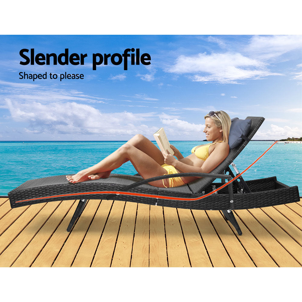 Marlook Sun Lounge Wicker Lounger Outdoor Furniture Beach Chair Armrest Adjustable Black