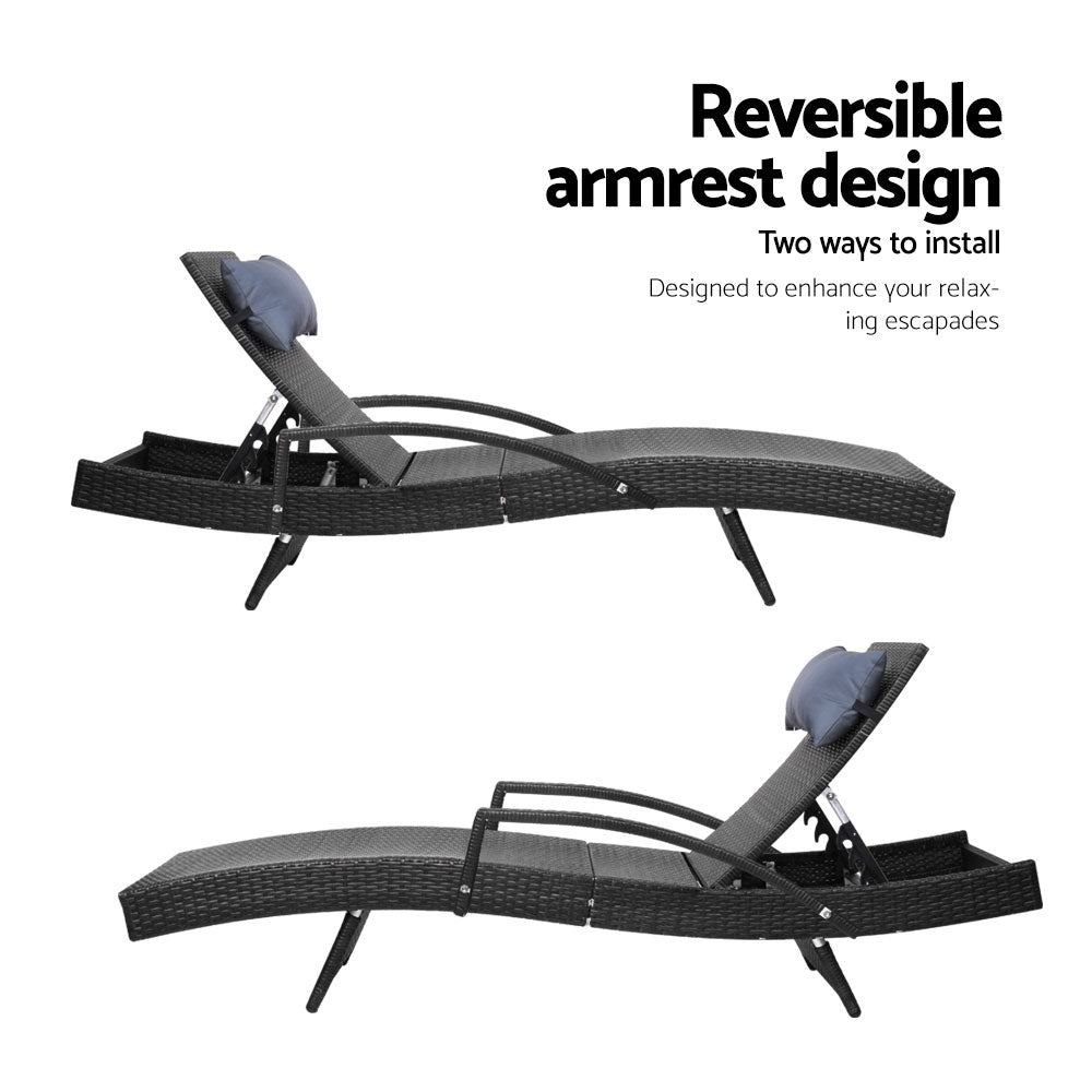 Marlook Sun Lounge Wicker Lounger Outdoor Furniture Beach Chair Armrest Adjustable Black