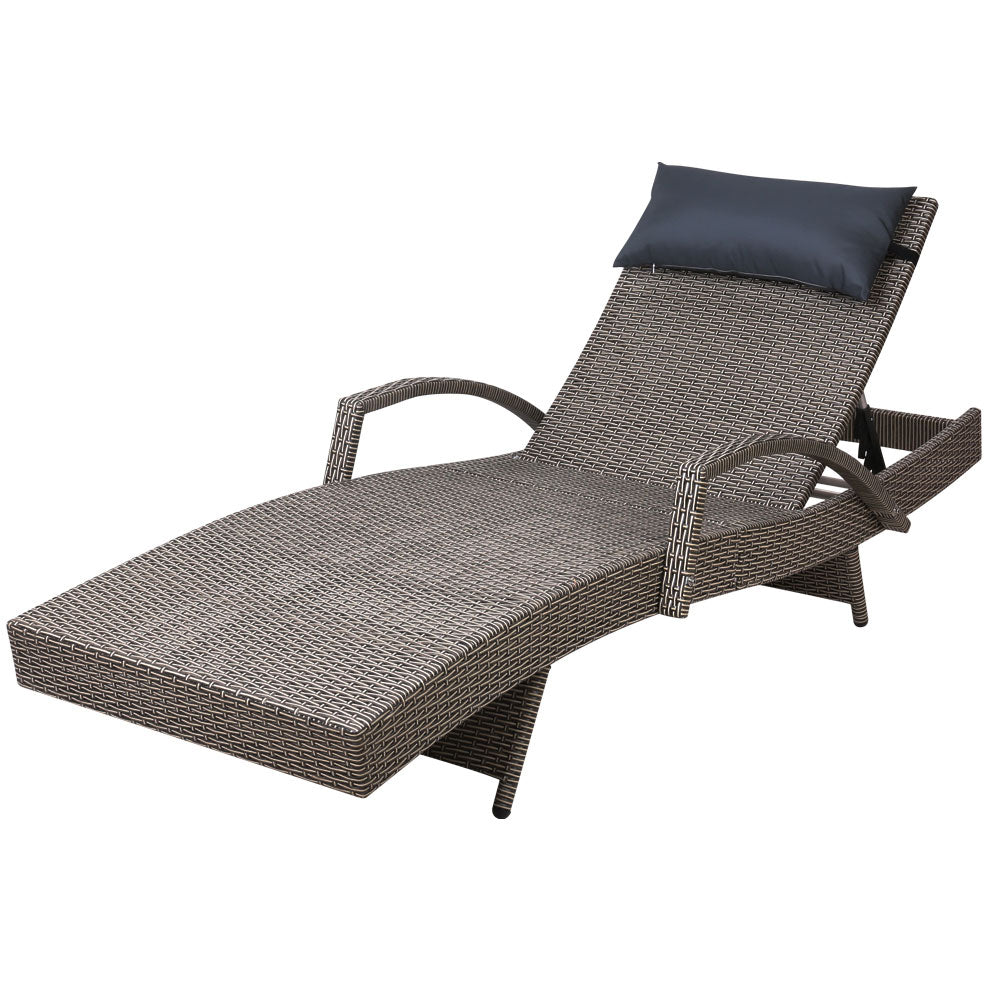 Marlook Sun Lounge Wicker Lounger Outdoor Furniture Beach Armchair Adjustable Grey&Beige