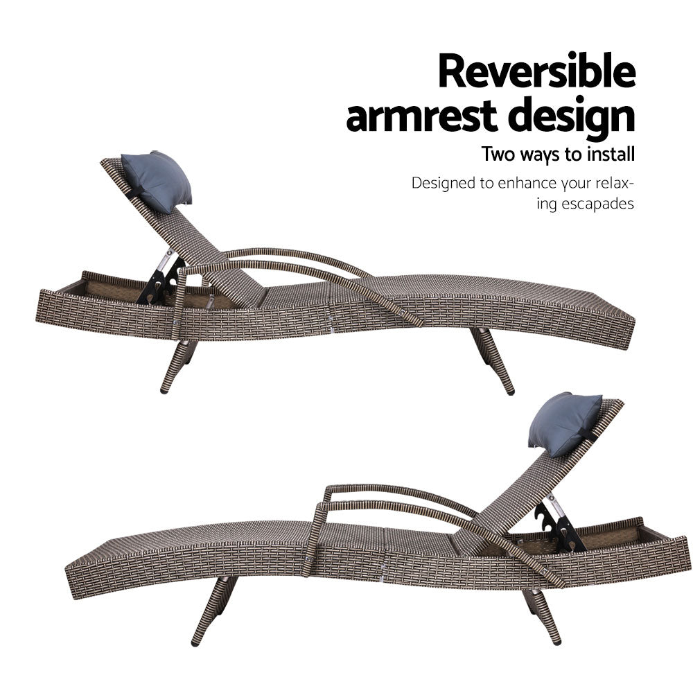 Marlook Sun Lounge Wicker Lounger Outdoor Furniture Beach Armchair Adjustable Grey&Beige