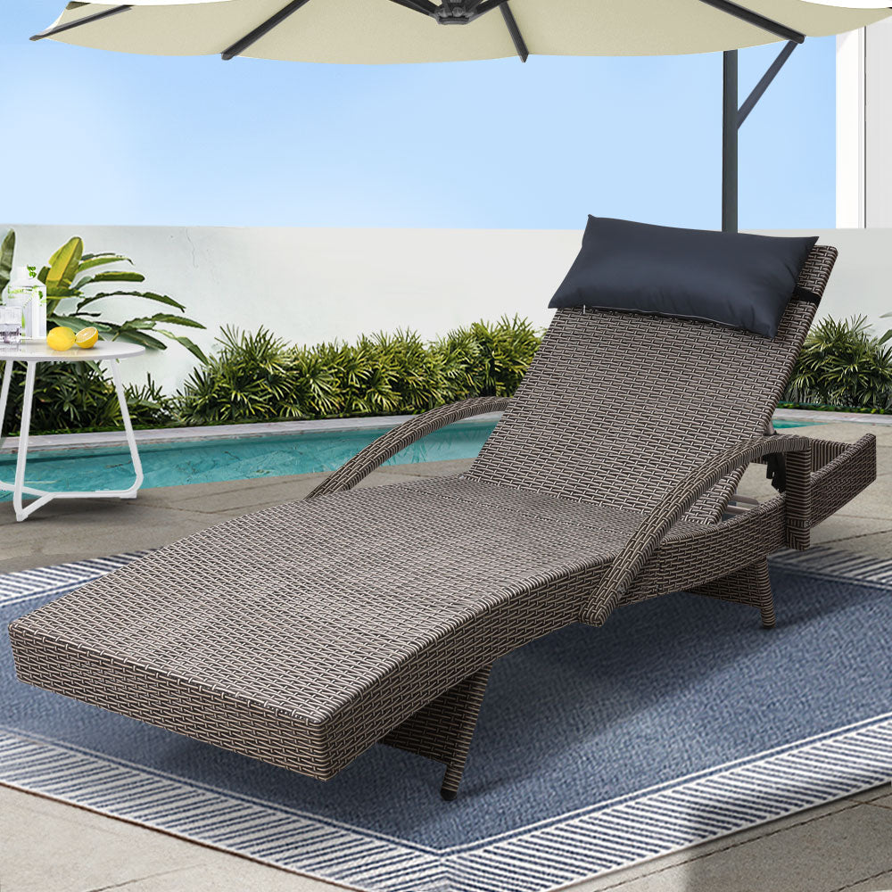 Marlook Sun Lounge Wicker Lounger Outdoor Furniture Beach Armchair Adjustable Grey&Beige