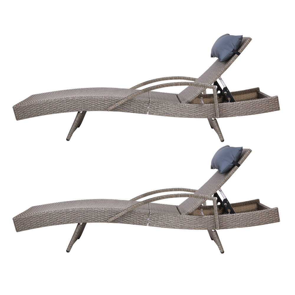 Marlook 2x Sun Lounge Wicker Lounger Outdoor Furniture Beach Armchair Adjustable Grey&Beige