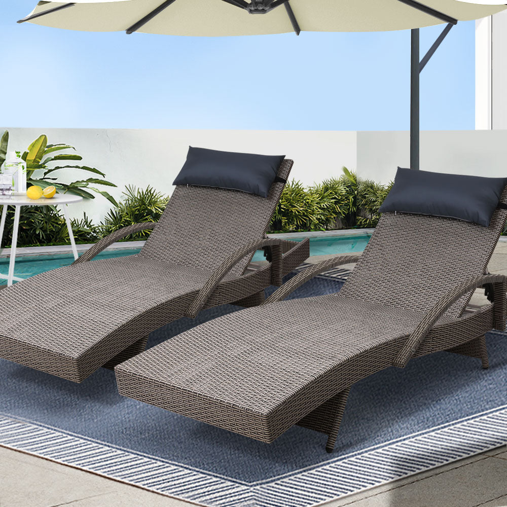 Marlook 2x Sun Lounge Wicker Lounger Outdoor Furniture Beach Armchair Adjustable Grey&Beige