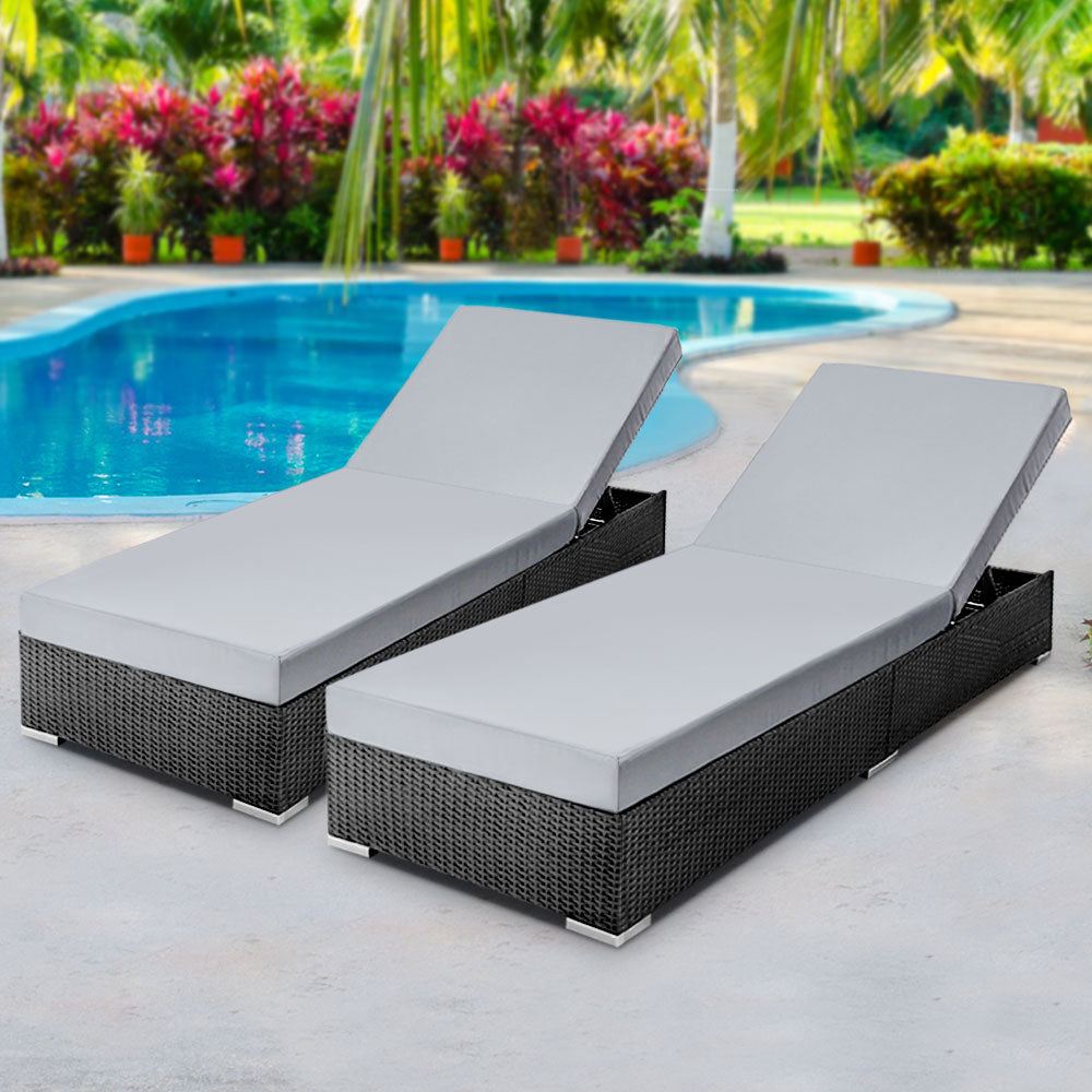 Marlook 2PC Sun Lounge Wicker Lounger Outdoor Furniture Day Bed Adjustable Rattan Garden