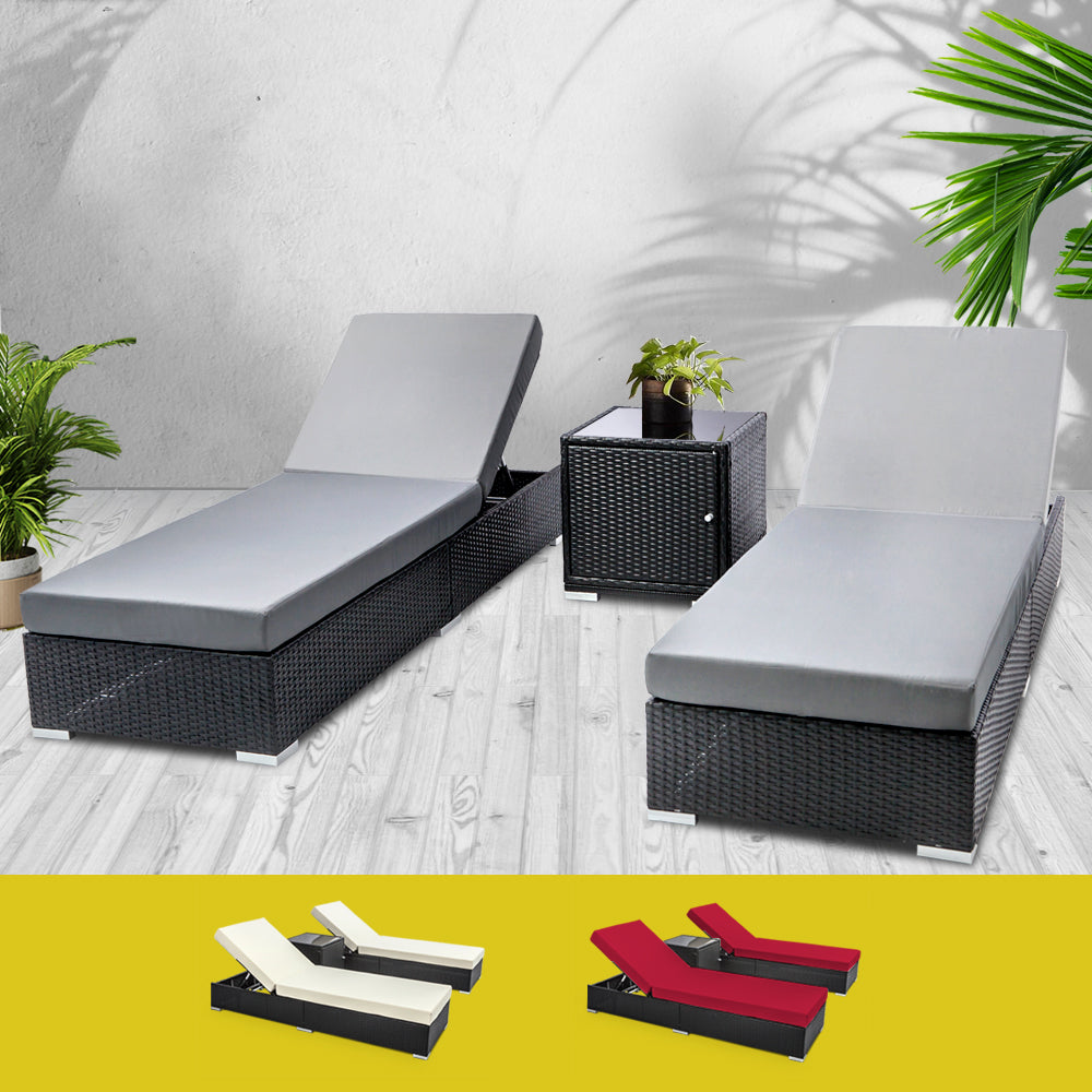 Marlook 3PC Sun Lounge Wicker Lounger Outdoor Furniture Day Bed Rattan Garden