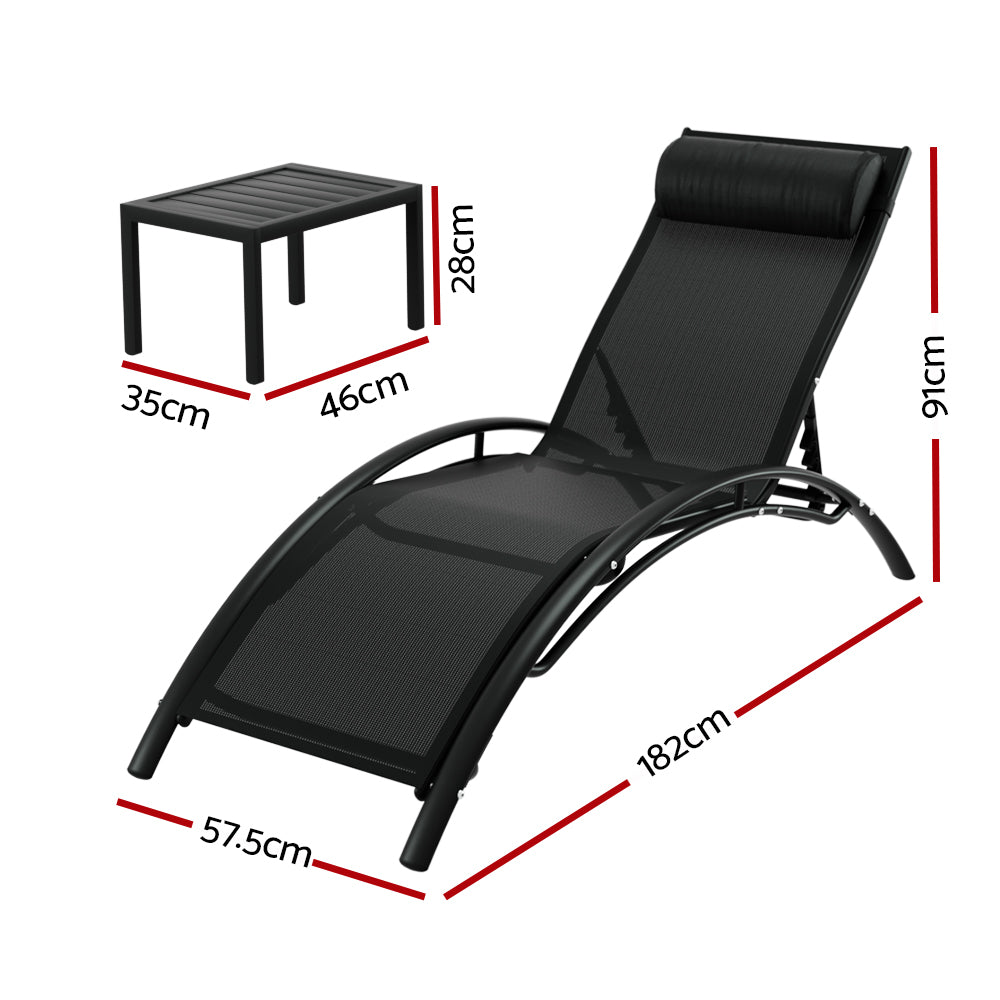 Marlook 3PC Sun Lounge Outdoor Lounger Steel Table Chairs Patio Furniture Garden