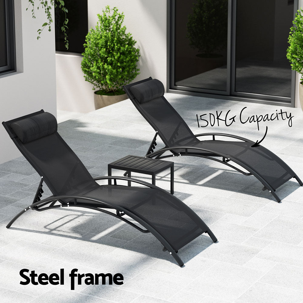 Marlook 3PC Sun Lounge Outdoor Lounger Steel Table Chairs Patio Furniture Garden