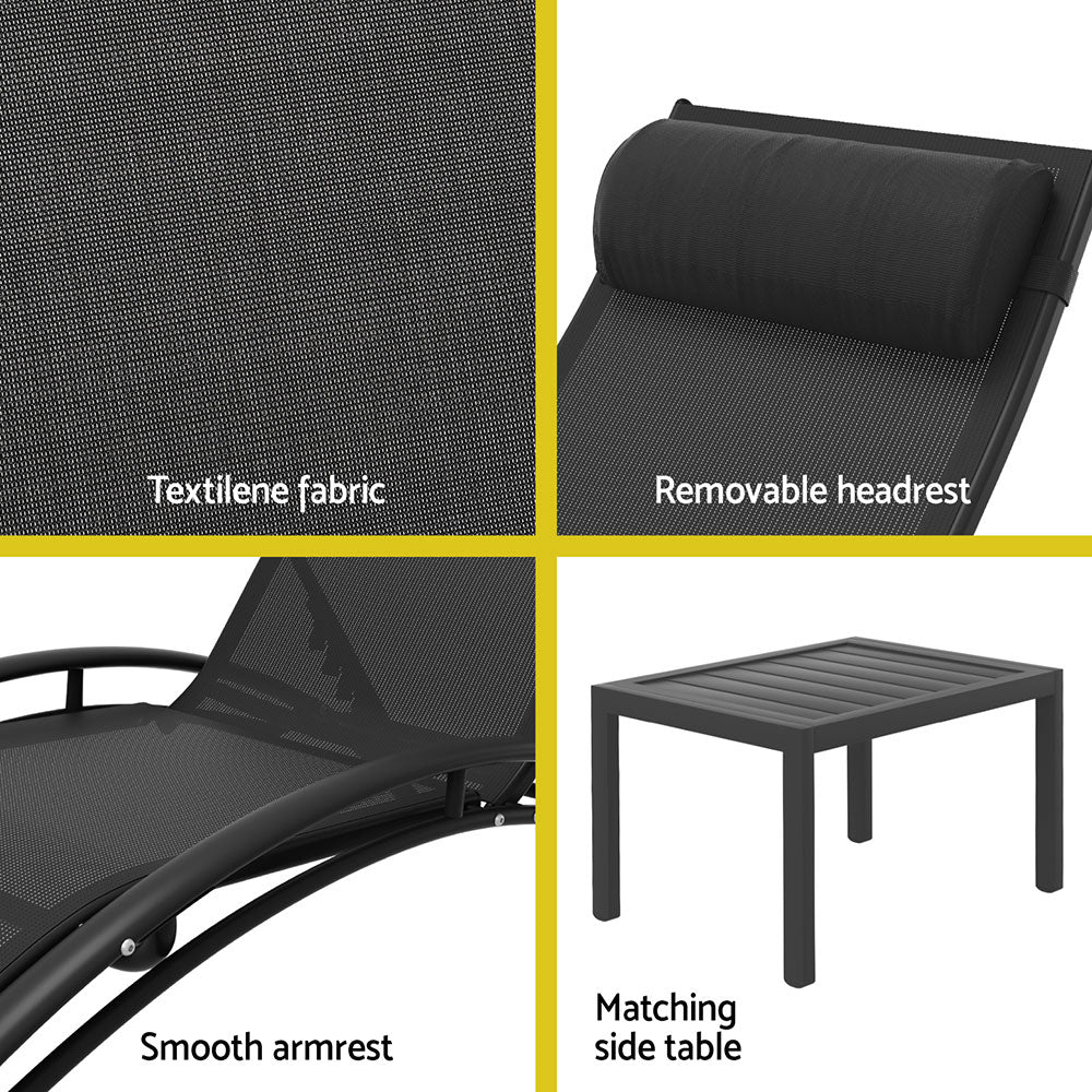 Marlook 3PC Sun Lounge Outdoor Lounger Steel Table Chairs Patio Furniture Garden