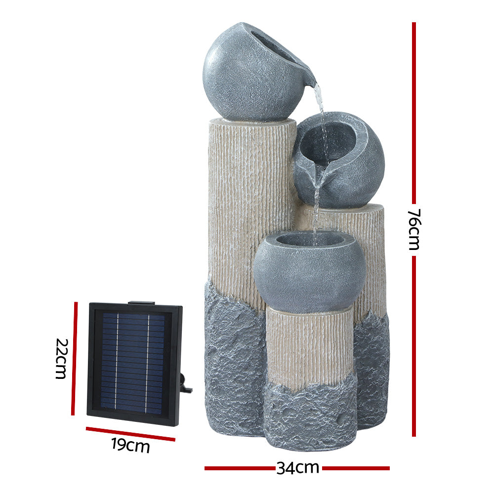 Marlook Solar Water Feature Cascading Fountain 3-Tier Pot LED Lights 76CM Grey