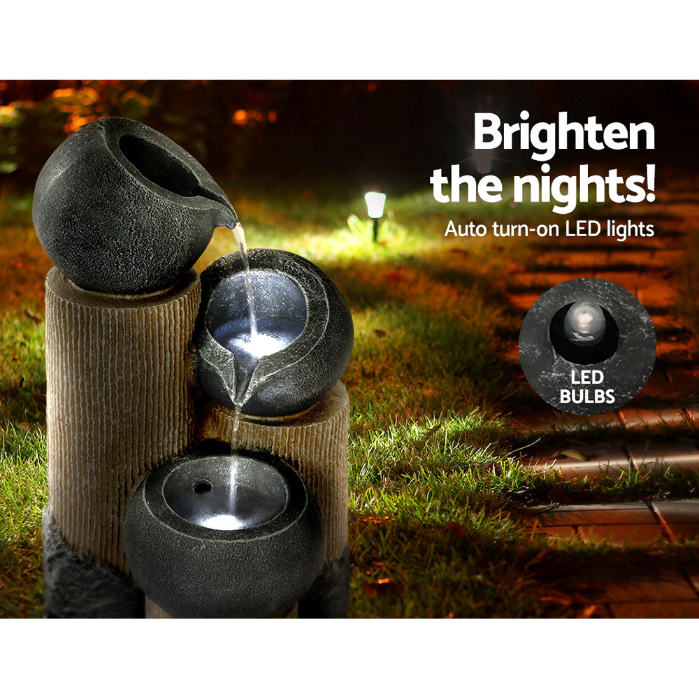 Marlook Solar Water Feature Cascading Fountain 3-Tier Pot LED Lights 76CM Grey