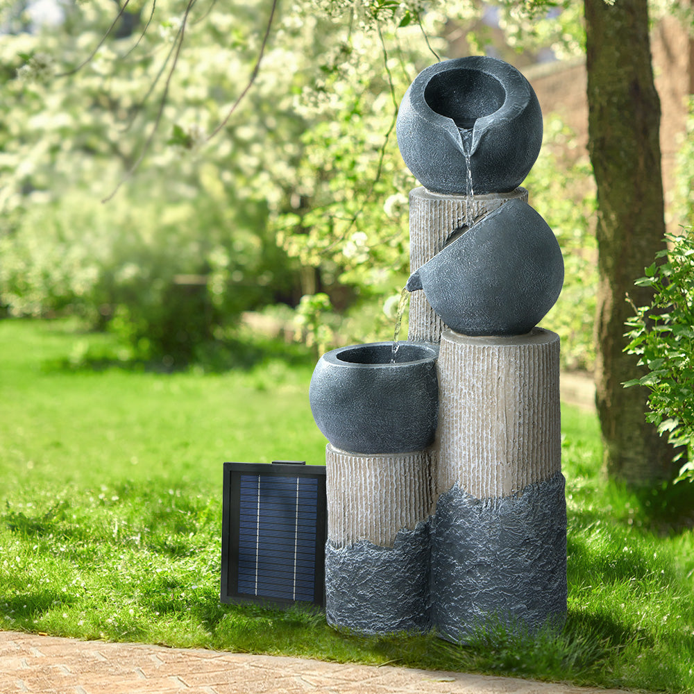 Marlook Solar Water Feature Cascading Fountain 3-Tier Pot LED Lights 76CM Grey