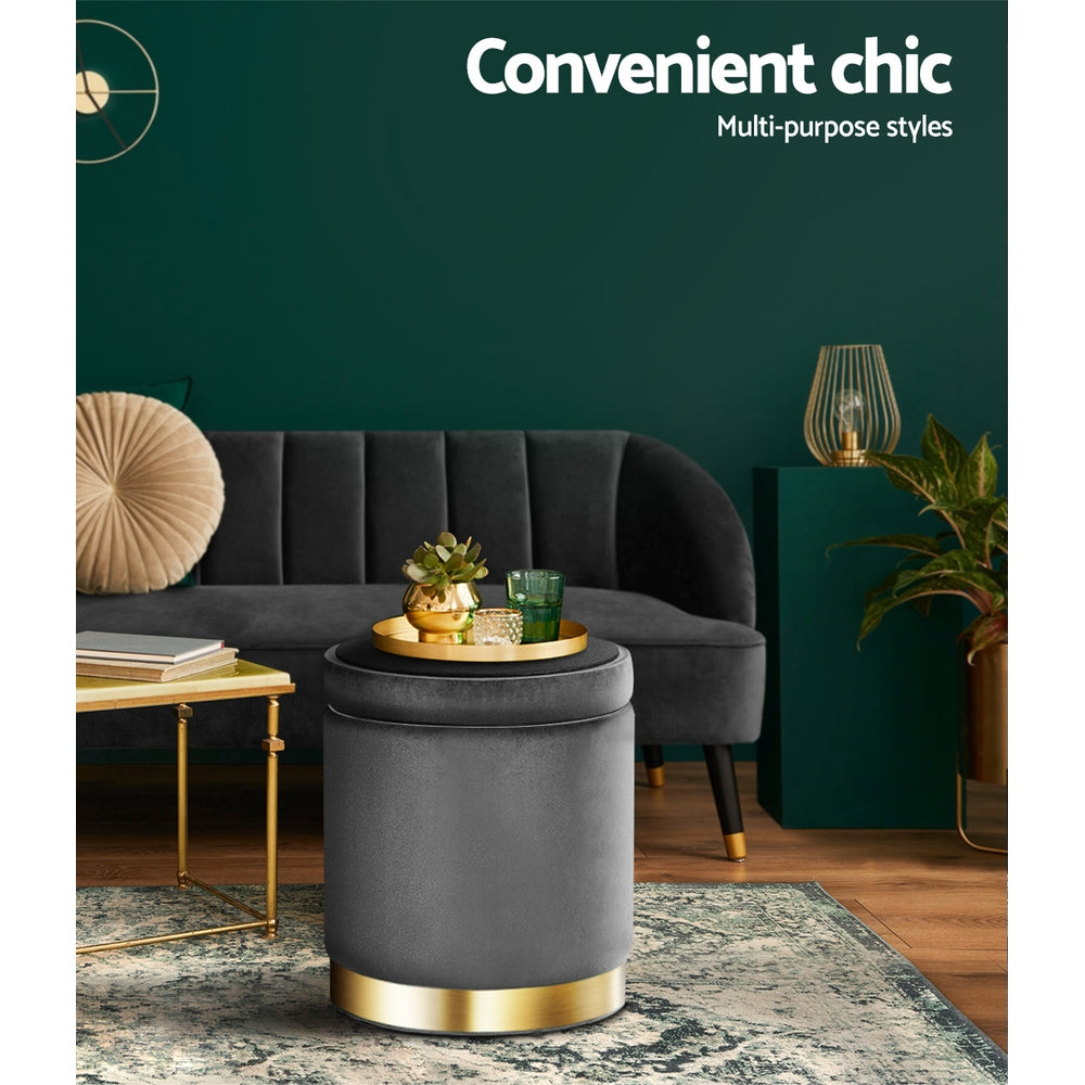 Marlook Ottoman Storage Foot Stool Round Velvet Charcoal