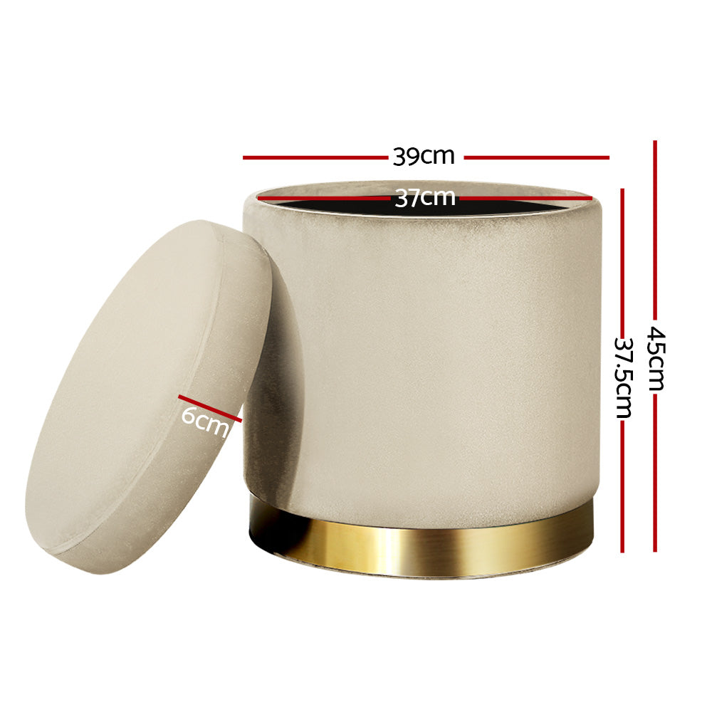 Marlook Ottoman Storage Foot Stool Round Velvet Cream